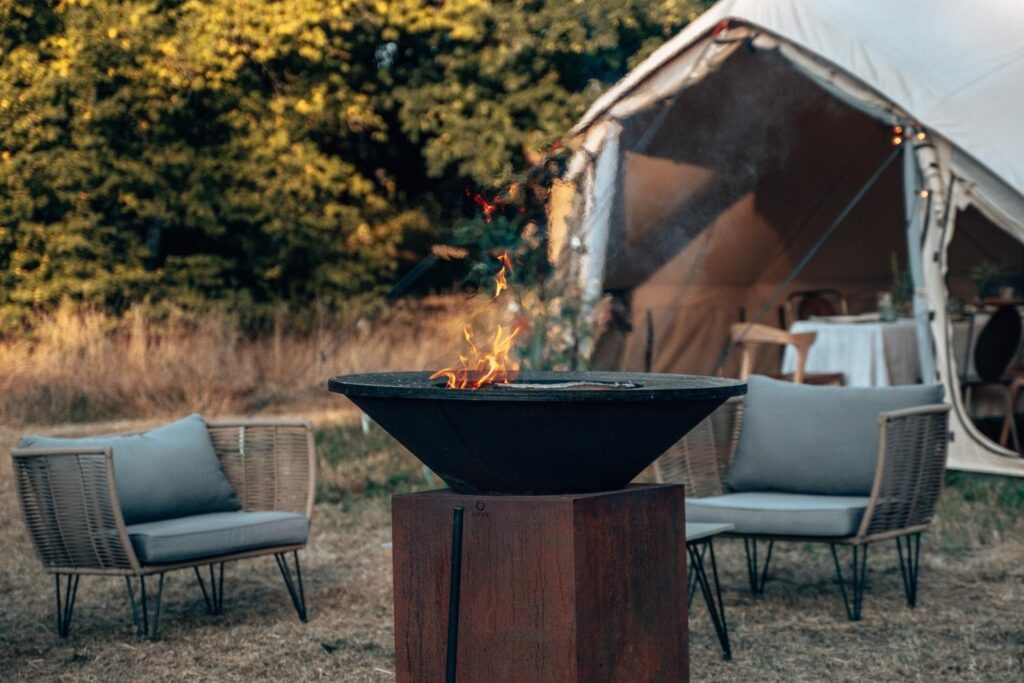 Autentic | Luxury Glamping Bell Tents - Ofyr in front of a furnished Autentic Double Bell Glamping Tent at the Forest Tiny house in Brussels