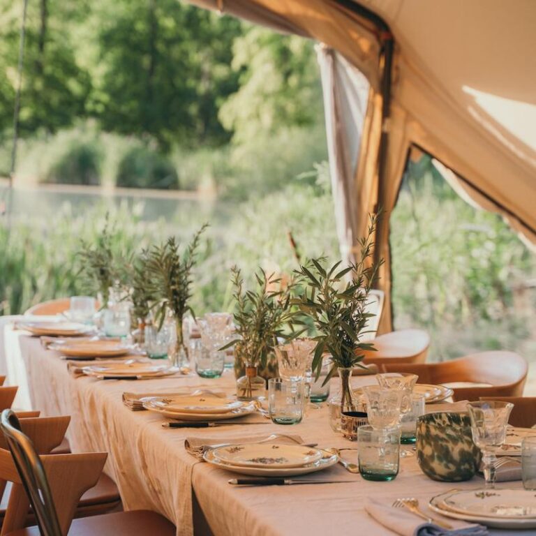 Autentic | Luxury Glamping Bell Tents - Dressed dinner table in the Autentic Billy-Joe Double Bell Tent
