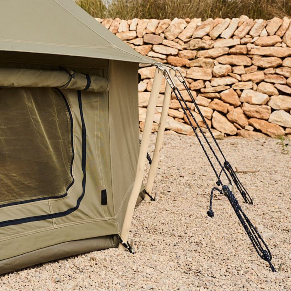 Autentic | Luxury Glamping Bell Tents - Short guy poles used on a Moss-coloured 4m bell tent to reduce its setup footprint