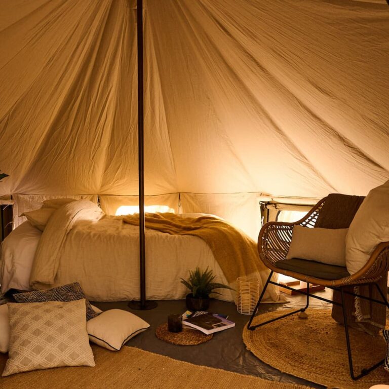 Autentic | Luxury Glamping Bell Tents - 4m glamping bell tent furnished with comfortable double bed and chair