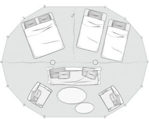 Autentic | Luxury Glamping Bell Tents - Family configuration in the Autentic Billy-Joe Double Bell Tent including a double bed, two single beds and a lounge area