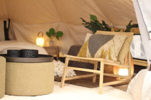 Autentic | Luxury Glamping Bell Tents - Ethnicraft furniture in the Autentic 5m Jack Bell Tent during the HD+ Conference in Las Vegas