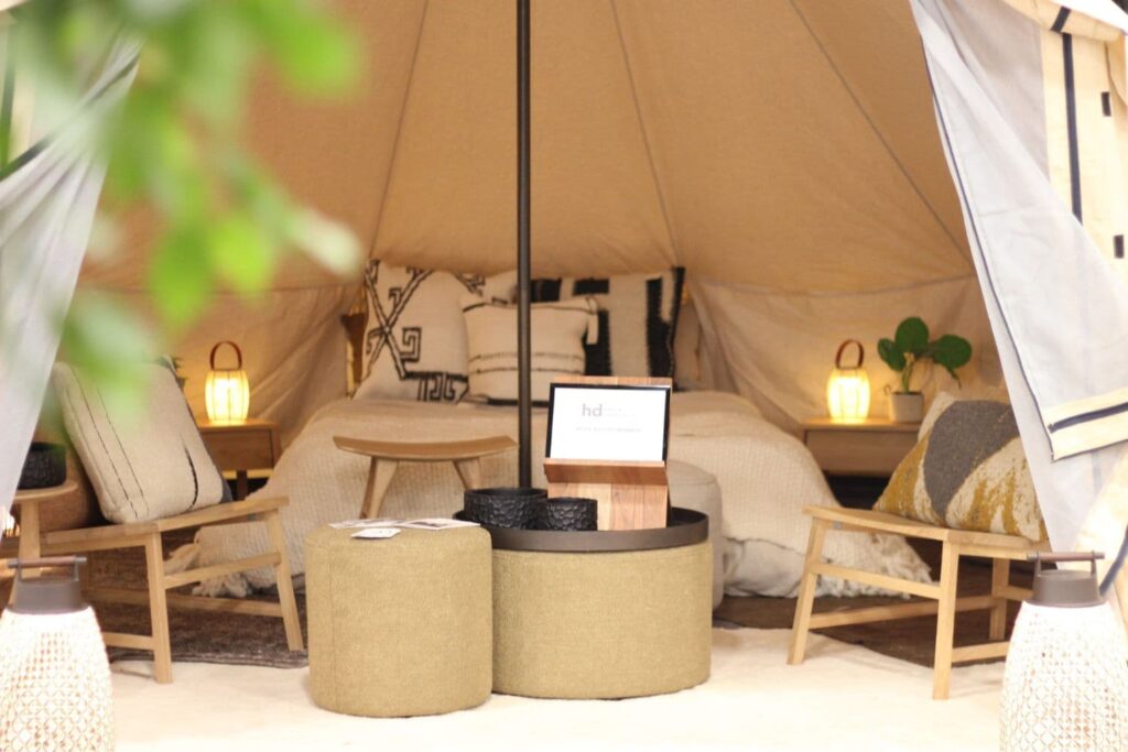 Autentic | Luxury Glamping Bell Tents - Ethnicraft furniture in the Autentic 5m bell tent during the HD Conference Expo in Las Vegas