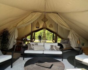 Autentic | Luxury Glamping Bell Tents - The Autentic Billy-Joe Double Bell Tent set up at the Antwerp Design week and furnished thanks to Ethnicraft, Best Before and Danye