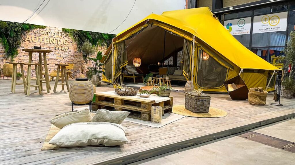 Autentic | Luxury Glamping Bell Tents - Turmeric Billy-Joe Double Bell Tent fully furnished on the Autentic booth at the Salon Sett hospitality fair in Montpellier