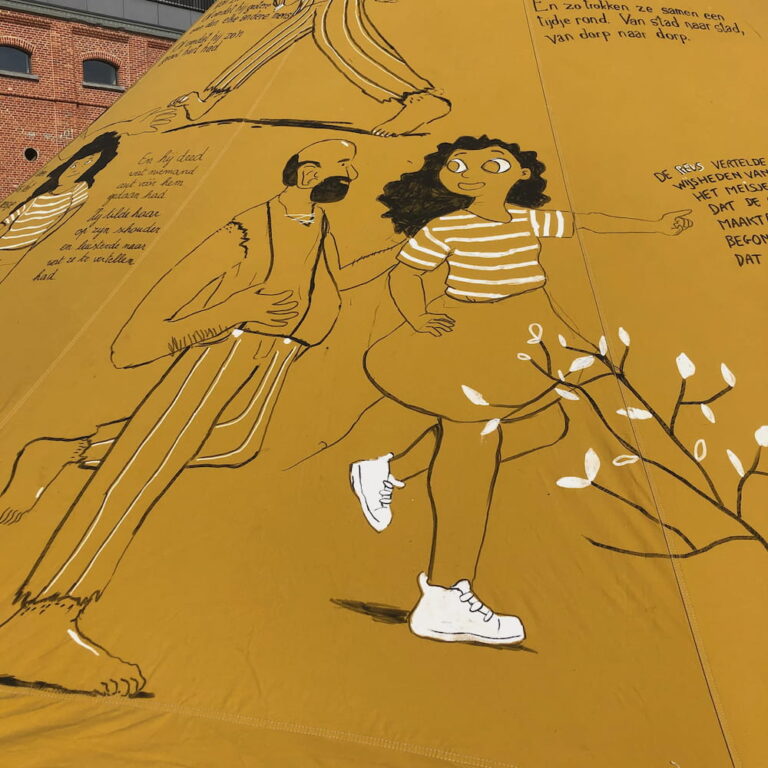 Autentic | Luxury Glamping Bell Tents - Drawings by Atelier.kg on the tent fabric of the yellow Autentic 5m canvas bell tent